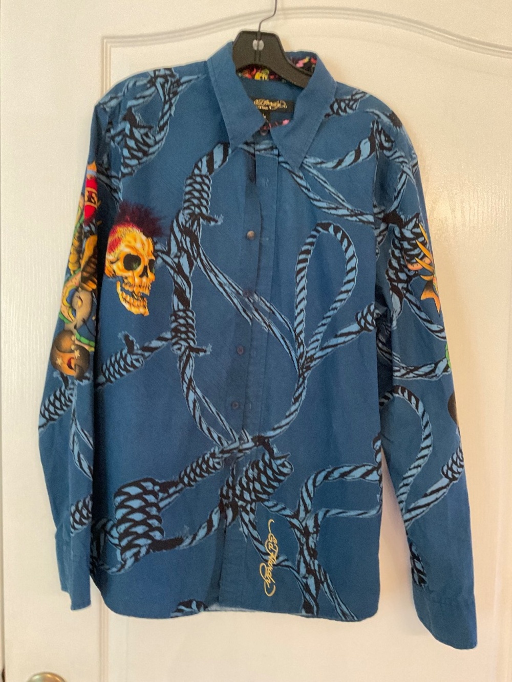 Ed Hardy Button Down Blue Long Sleeves Men’s Shirt with SKELETON Size L